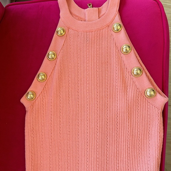 Balmain Gold Button Embellished Coral Knit Mini Dress Size 36 - Picture 12 of 13